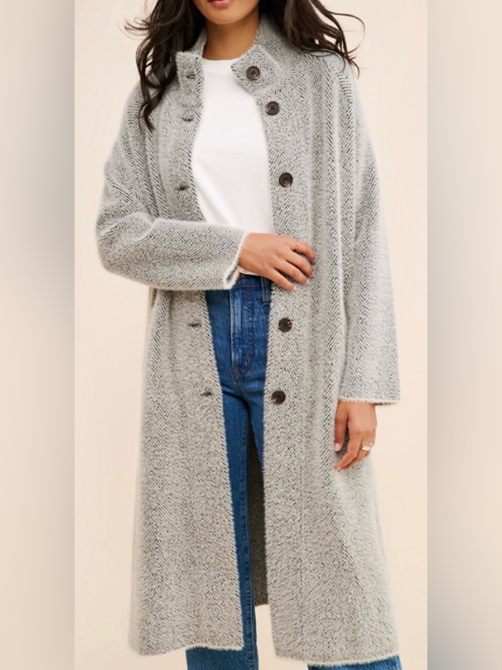 Mock Neck Herringbone
Longline Coatigan